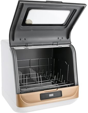 HOARLICN 5L Mini Geschirrspüler, 800W 220VTischgeschirrspüler 45 X 45 X 38cm Kleine Spülmaschine Maximaler Wasserverbrauch mit 360° Drehbaren 2 Spülungsmodi für Durchmesser Weniger Als 38cm (Gold)