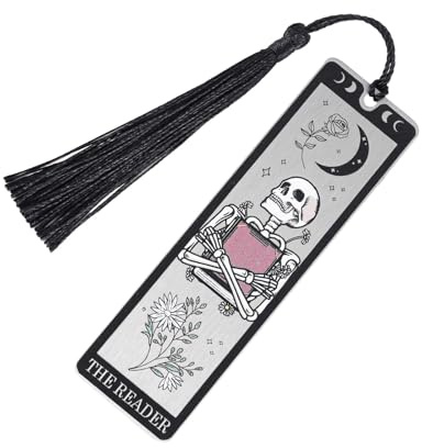 Lasuroa Skeleton Tarot Metal Bookmark with Black Tassels, Gothic Horror Book Marker for Women Men Teens Birthday Halloween Christmas