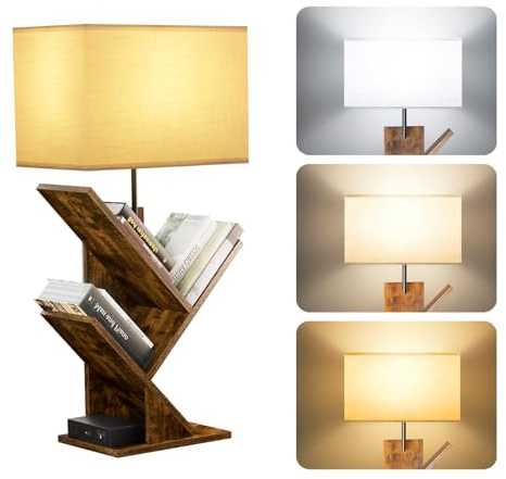 GOOGO Bücherregal Baumform mit Beleuchtung und Ladestation, 4 Ebenen Standregal für Bücher, CD, 3 Farbtemperaturen, Tisch bücherregal für Wohnzimmer, Schlafzimmer und Homeoffice (Braun)