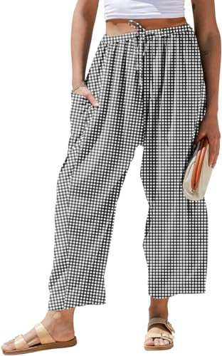 Tarse Womens Linen Wide Leg Striped Pants Casual Barrel Loose Drawstring Low Waist Palazzo Harem Pants with Pockets, Black White Plaid, M