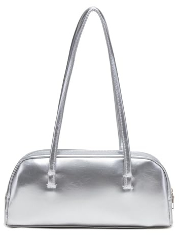 Bi&Yamigeo Swing Zip Shoulder Bag for Women,Small Y2k PU Leather Boston Bowler Underarm Handbag, Silver, Y2k