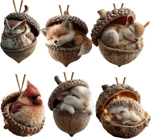 Forests Animal Acorn Ornaments, 6pcs Acorns Animals Hanging Christmas Ornaments, 2d Flat Acrylic Forests Pine Cones Animal Figures, Cute Acorns And Pine Cones AnimalS Ornaments