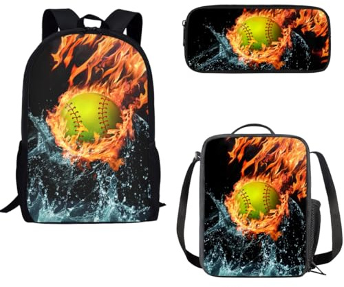 THKVSV School Backpack for Boys Cool Fire Ball Kids Middle School Elementary Bookbag with Lunch Box Pencil Case,Lighting Fire Soccer