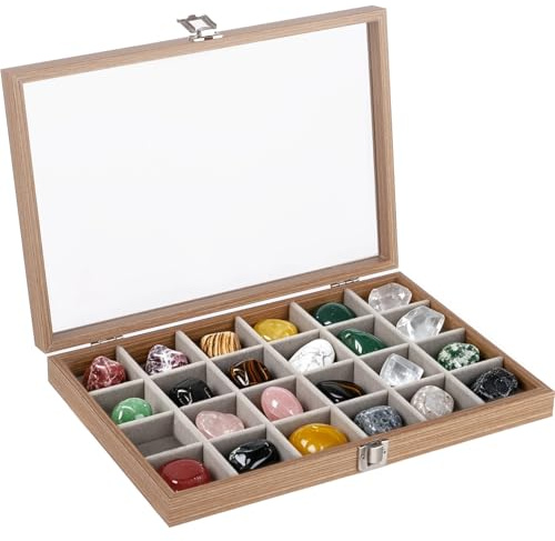 24 Grids Rock Display Box, Wooden Collection Case with Clear Glass Lid and Soft Velvet Lining, Storage Organiser for Small Gemstones, Fossils, Crystals, Minerals, Seashells and Jewellery