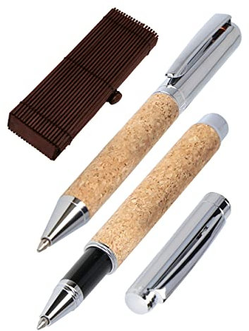 Online Schreibset Kugelschreiber & Rollerball Cork, Stifte mit natürlicher Kork-Veredelung, Schreibfarbe blau, in Geschenkbox aus Holz 1 Stück (1er Pack)