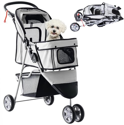 PawHut Cochecito Plegable Mascotas 75x45x97cm Perros Gatos Carrito Ruedas giran 360º Gris