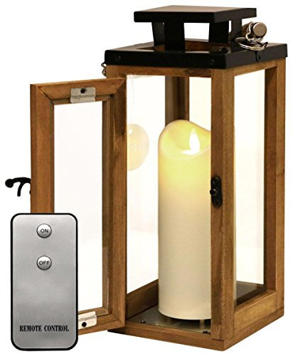 Dekovita 30cm Holz-Laterne - Gartenlaterne inkl. 18cm Outdoor LED Kerze in Creme-Weiß mit Timer Fernbedienung