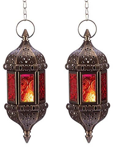 Nuptio Marokkanische Kerze Laterne Hängend Teelicht Kerzenhalter 2 Stück Metall & Glas Ramadan Lampe Braun Dekorative Laternen für Kerzen für Wohnzimmer Balkon Halloween Weihnachtsdekorationen