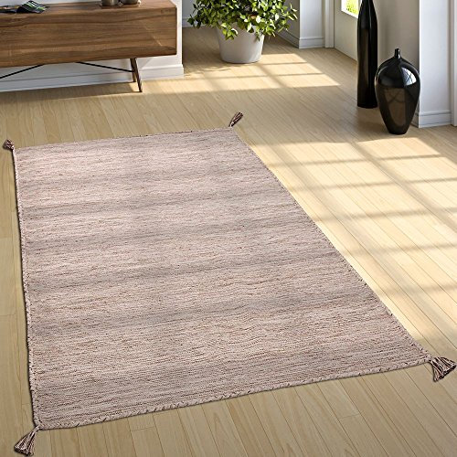 Paco Home Alfombra Natural Salón con Flecos, Moderna Tejida A Mano Kilim, 100% Algodón, tamaño:160x220 cm, Color:Beige