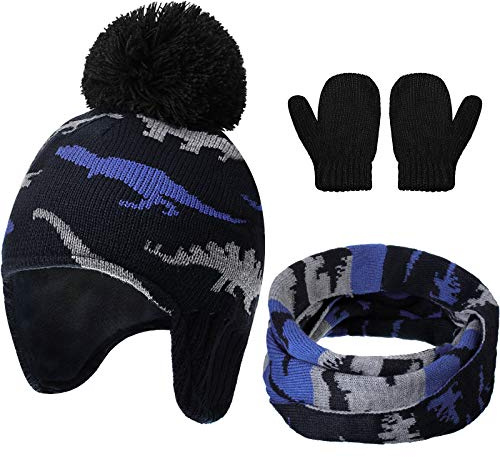 Geyoga 3 Pcs Baby Toddler Scarf Hat Gloves Set Boy Girl Knitted Cap Winter Earflap Beanie Mitten Neck Warmer Kid Fleece Lined(1-2 Years,Navy Blue, Grey, Light Blue)