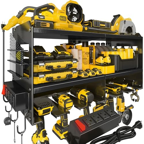 Spampur Power Tool Organizer Wall Mount with Charging Station, 3 Layer Heavy Duty Metal Tool Storage Rack Loads 420lbs with 6 Cordless Drill Holder, Idea Gifts for Men, Garage Workshop