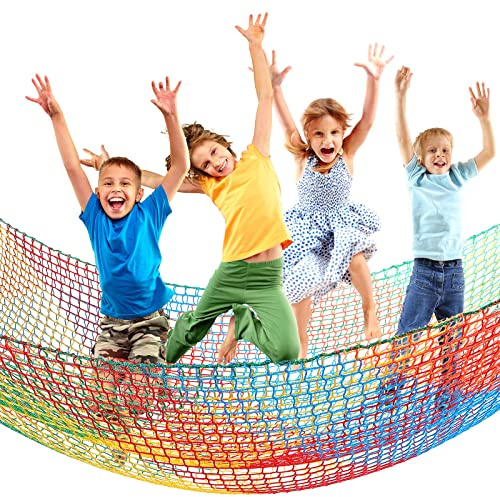 Climbing Cargo Net 6.5 x 9.8 ft Large Kids Backyard Climbing Net Double Layers Playground Safety Net with Storage Bag for Monkey Bar, Treehouse Accessories (Rainbow Colors)