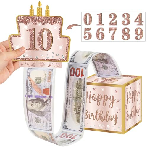 Turypaty Happy Birthday Money Gift Box with DIY Stickers for Any Age - Pink Rose Gold Surprise Birthday Party Cash Gift Box with Pull Out Card for Women Girls - A Fun Way to Present Cash as Gifts