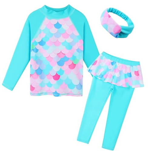 ZNYUNE Girls 2PCS Leaves Printed Swimwear Long Sleeve Swimsuit Set Kids Bathing Suit Swimming Costume for Age 3 to 10 Years S436 CyanScale 6A
