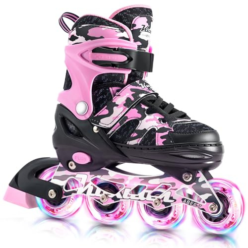 Kuxuan Skates Adjustable Inline Skates for Girls Women with Full Light Up Wheels Outdoor Fun Illuminating Skates for Kids and Adult, Large(Kids 3-6 US), Pink