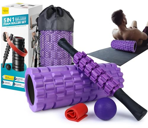 Krightlink 5 in1 Foam Roller Set, High Density Deep Tissue Massager for Muscle Massage, Massage Roller, Massage Ball, Resistance Band for Whole Body Physical Therapy Deep Muscle Massage (Purple)