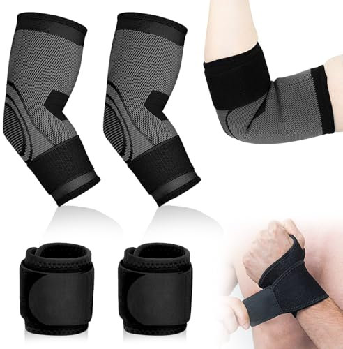TAIHOBO 2PCS Ellenbogenbandage, Tennisarm Bandage Ellenbogen, Verstellbar Ellbogen Bandage mit 2 Handgelenk Bandagen, Atmungsaktive Ellenbogen Bandagen Herren Damen, für Golferarm Arthritis