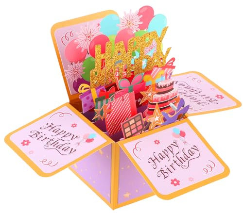 3D Happy Birthday Card Pop Up Birthday Card for Women Gift Box Unique Pink Birthday Card With Blank Card and Envelope Pop Up Birthday Cards for Women Daughter Mom Friend