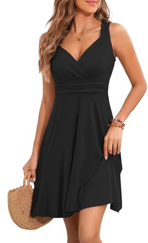 YUTILA Sommerkleid Damen V-Ausschnitt Ärmelloses Kleider Midi Blumenmuster Leicht Kleid Strandkleid