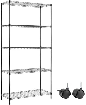 Nilpferd® Regal mit Rollen, Lagerregal, Regal, Gitterregal, Küchenregal, Kellerregal, Metallregal mit 5 höhenverstellbaren Regalboden, Rollregal, Bücherregal max.500kg Gewicht, (89x39x179H cm) Schwarz