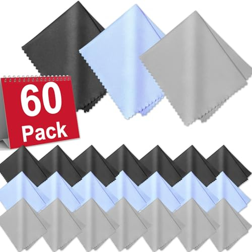 Zeefpod 60-Pack Microfiber Cleaning Cloths for Glasses, 6x7 Inch Premium Lens Cleaning Cloth for Screens, Cameras, Eyeglasses, Cell Phone, LCD TV Screens,Black,Grey and Light Blue