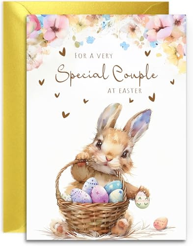 Special Couple Easter Card - Bunny with Easter Eggs Design - A5 Size with Gold Envelope