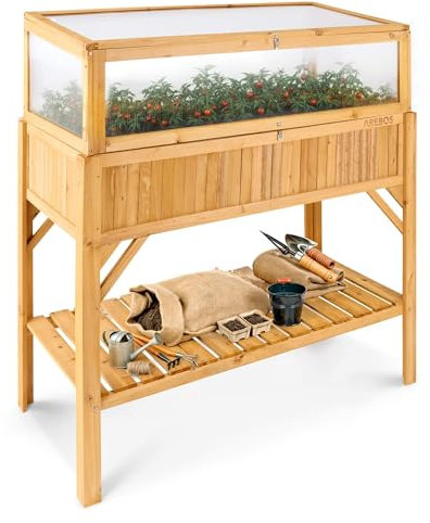 Arebos Hochbeet aus Holz mit Frühbeet-Aufsatz und Ablagefach | für Garten, Balkon und Terrasse | Innenleben mit Schutzvlies ausgestattet | 119 x 53 x 124 cm | Pflanzkasten & Blumenkasten | Pflanzbeet