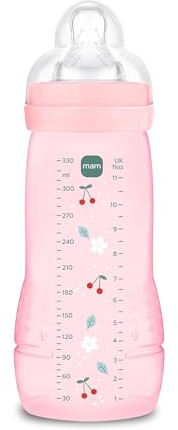 MAM Biberon Easy Active Baby Bottle 330 ml, Biberon MAM per bambini attivi ergonomico e pratico, Accessori neonato 4+ mesi per l'allattamento con tettarella misura 3 piatta e simmetrica, Rosa