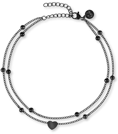 GD GOOD.designs Fußkettchen Herz Schwarz für Damen - Wasserfest I Mehrreihige Fußkette - Verstellbar I Filigraner schwarzem Edelstahl Fußschmuck