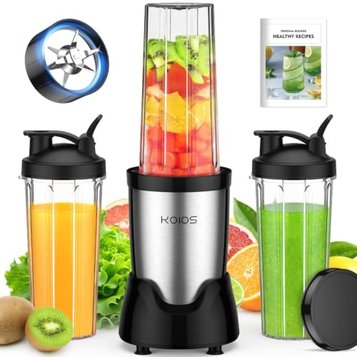 KOIOS Blender for Smoothies,Personal Blender for Shakes and Smoothies with 3 * 22oz To-Go Cups,22000 RPM Smoothie Maker,Detachable 6-leaf Blade Portable Blenders for kitchen,Black