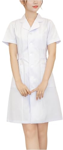 Nurse Uniform Women, Nursing Dress for Women UK, Short Sleeve Front Button Down Lapel Neck Work Scrubs Uniforms Nurse Dress with Pockets 03-White S