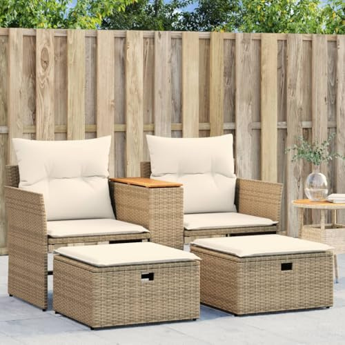 IKAYAA Divano Esterno terrazzo con Sgabelli Divano Lounge in Rattan Divano da Giardino da Esterno in Polyrattan-Beige-Senza tettoia
