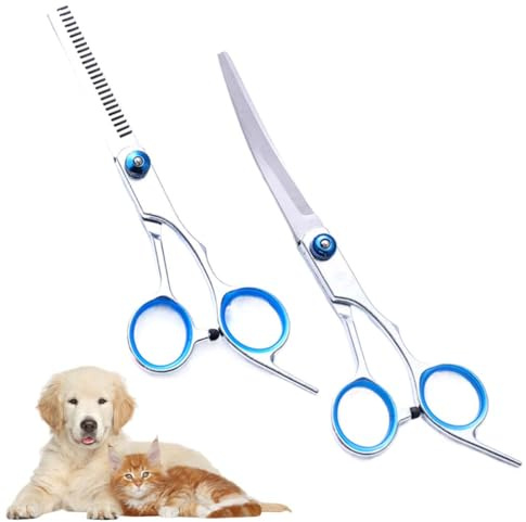 HABNI Tijeras Para Perros 2 Piezas, 1 Adelgazadora + 1 Curvada, Puntas Redondas De Seguridad, Longitud De Hoja 6.5Cm, Longitud Total 17Cm, Mango Ancho 5.5Cm, Kit De Aseo Para Mascotas