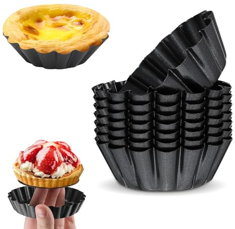 RoadLoo Tartelettformar, 8 cm (3 tum), 8 stycken tårtformar med lyft, tartlettformar av kolstål, non-stick-beläggning, mini quichform rund paj form för bakning hemma bakverktyg