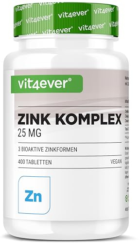 Complesso di Zinco 25 mg - 400 Compresse - Con 3 Forme di Zinco Biodisponibili (Zinco-Bisglicinato, Zinco-Gluconato, Zinco-Citrato) - Vegano, Alto Dosaggio, Senza Additivi inutili