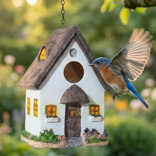DEWEL Waterproof Bird House Bird Box, Resin Birdhouse Bird Houses for Garden, Decorative Bird House Outdoor Hanging Bird Nesting Box for Bluebird Finch Robin Sparrow Wren, Gift for Bird Lovers