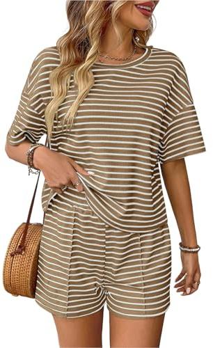 crazy bean Tuta Donna Sportiva Completi Estivi Donna 2 Pezzi Elegante a Righe Spiaggia Set Pantaloncini Corto e Maglietta Casual Cachi XL