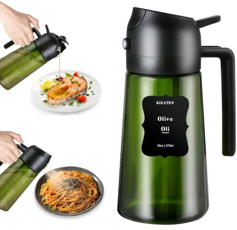 Kizaten Pulverizador de Aceite 470 ml de Vidrio,Dispensador y Spray de Aceite 2 en 1,Pulverización Fina,Reutilizable,para Cocina,Freidora de Aire,Ensaladas y Parrillas