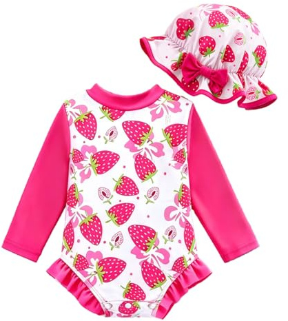 UUAISSO Traje Baño Una Pieza Manga Larga para Niña Pequeña con Gorro Protector contra Erupciones Volantes Estampado Floral y Cremallera para Playa Polvo para Imprimir Fresas 18-24 Meses