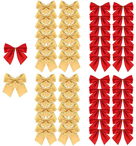 Amacoam Lazos Navidad Arbol Dorada y Rojo 48 Piezas Mini Lazo de Árbol de Navidad 6 cm Adornos de Lazo de Cinta para Decoración Colgante de Árbol de Navidad Decoración de Regalo Adornos Navideños