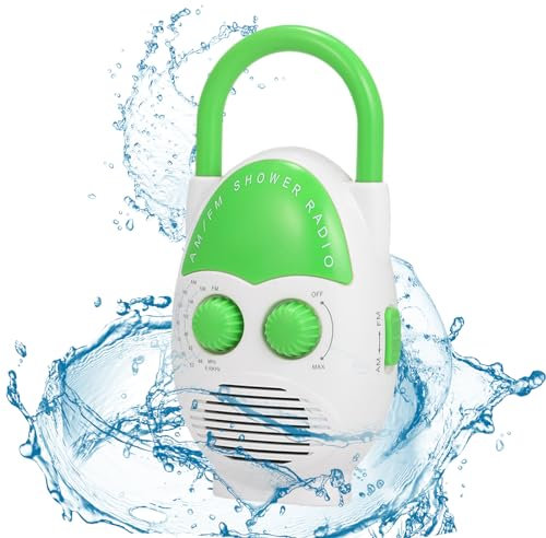 Denpetec Waterproof Shower Radio, AM/FM Bathroom Radio with Top Handle, Mini Portable Hanging Shower Radio, Built-in Speaker, Adjustable Volume