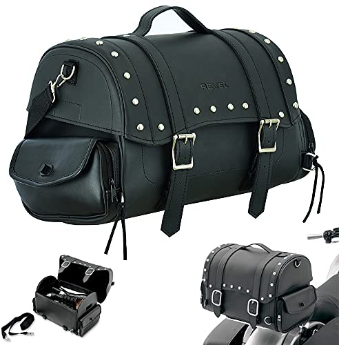 RXL Rexell Motorbike Saddle Bag Leather Motorcycle Trunk Bag Waterproof Saddlebag with Side Pockets Tail Seat Bag Equipment Storage Touring Motorcycle Luggage Black