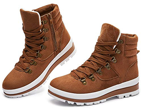 FRACORA Womens Combat Boots Lace Up Ankle Boots Winter Snow Boot Side Zipper Fashion Booties(Brown,US10)