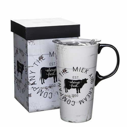 DUSVALLY Taza de café de viaje de cerámica de 500 ml con tapa y asa, diseño de vaca, apta para microondas y lavavajillas, caja de regalo incluida