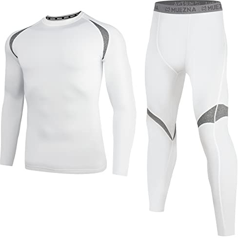 Muezna Men’s Long Johns Thermal Underwear Set, Top and Bottom Underwear Base Layer Soft Fleece Lined White
