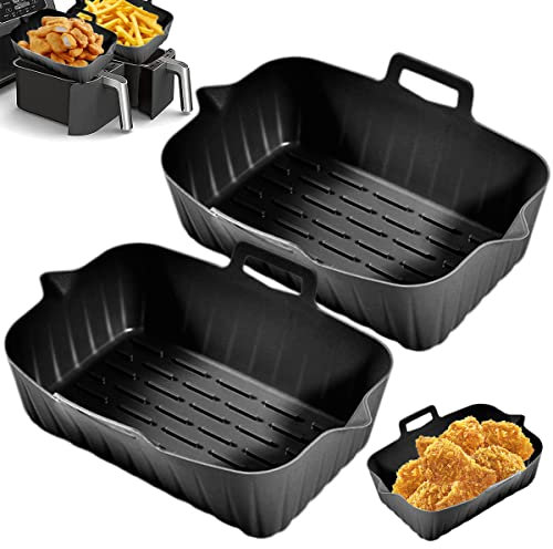 2Pcs Air Fryer Silicone Liners for Ninjas with Reusable Handle Heat Resistant Silicone Pot Dual Air Fryer Rectangle Baking Pan Accessories for Air Fryer, Oven and Microwave (Black)