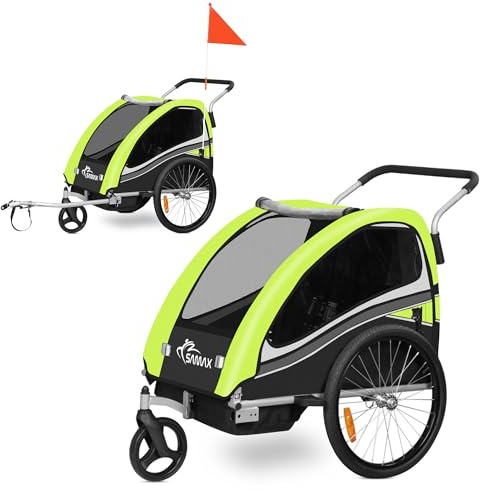 SAMAX Remolque de Bicicleta para Niños 360° girable Kit de Footing Transportín Silla Cochecito Carro Suspensíon Infantil Carro en Verde - Black Edition