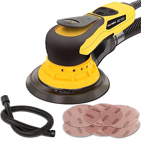 PHENDO Lijadora orbital aleatoria eléctrica sin escobillas 350W 3A Lijadora orbital con cable de velocidad variable multifunción para carpintería, coche, lijado de paneles de yeso, pulido.