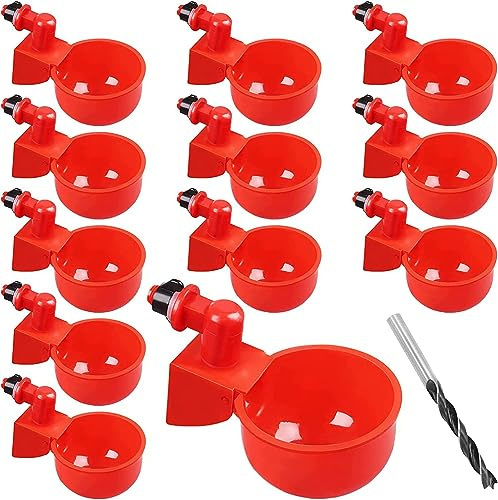 Paquete de 12 tazas automáticas para bebedero de pollo, sistema de riego de aves de corral alimentado por gravedad con flotador, kit de comedero de agua de 5 galones con abridor de agujeros de montaje