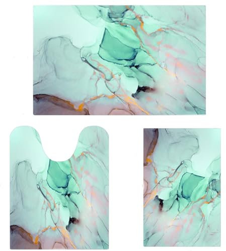 EMMTEEY 3-teiliges Badezimmerteppich-Set, Türkis, Blaugrün, Mabrle, Badteppich, Komfort-Bodenmatte, super saugfähig, ultradünn, niedriges Profil, schnell trocknend, waschbar, Teppich für Badezimmer,